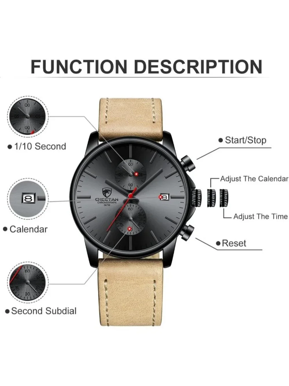 Men's Red hand Fashion Sleek Minimalist Quartz Analog Chronograph Wristwatch